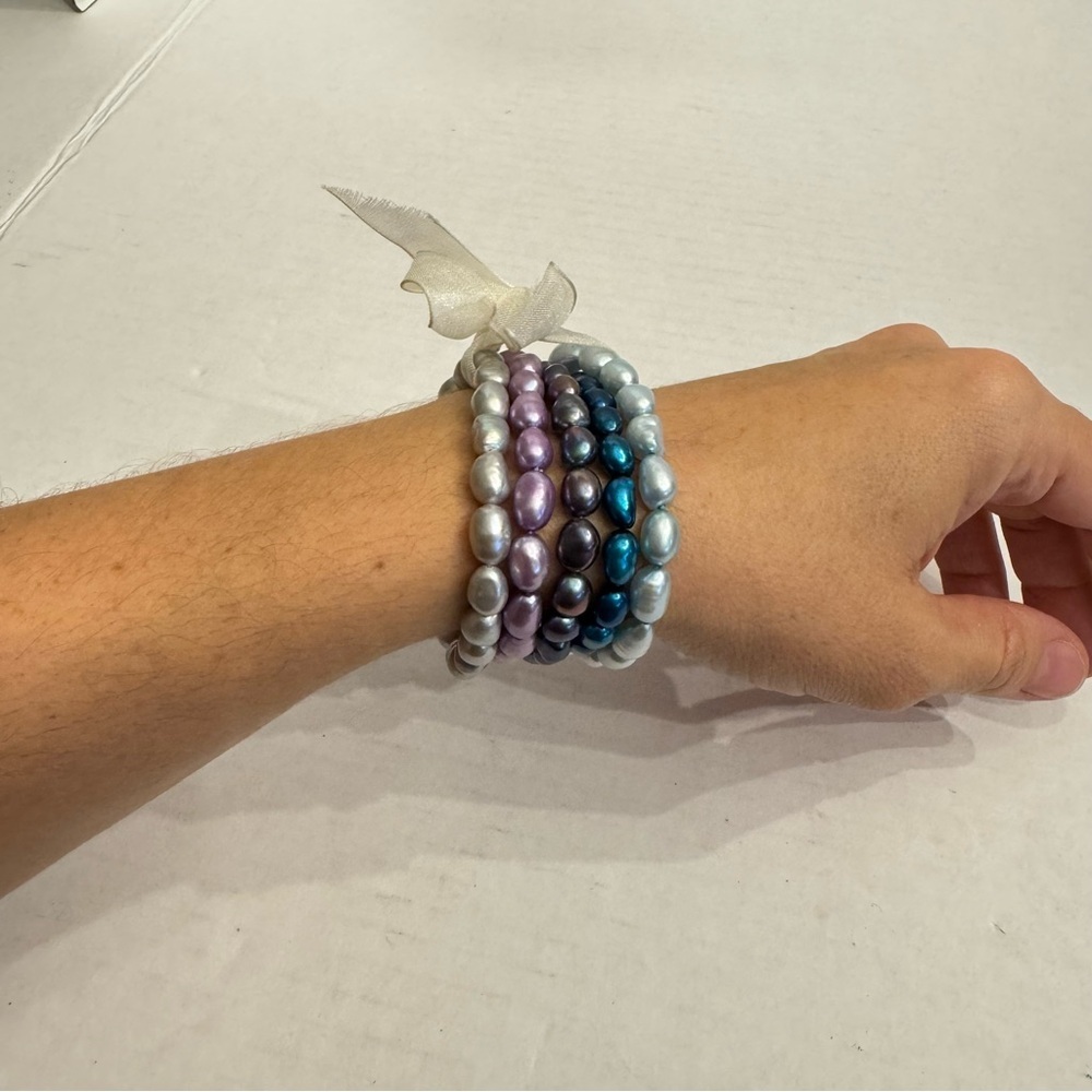 Set of 5 Genuine Pearls Multi Color Stretch Bracelets Jewelry Lot NEW Classic